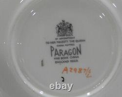 Paragon LARGE PINK FLOATING ROSE CUP & SAUCER Baby Blue and Gold Filigree MINT