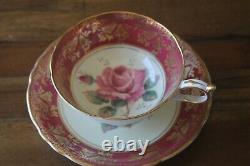 Paragon Large Cabbage Floating Rose Red Burgundy Gold Teacup Tea cup Saucer