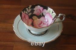 Paragon Large Cabbage Pink Roses on Black Blue Teacup Tea Cup Saucer gold 1