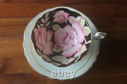 Paragon Large Cabbage Pink Roses on Black Blue Teacup Tea Cup Saucer gold 1