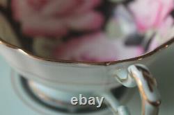 Paragon Large Cabbage Pink Roses on Black Blue Teacup Tea Cup Saucer gold 1