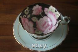 Paragon Large Cabbage Pink Roses on Black Blue Teacup Tea Cup Saucer gold 2