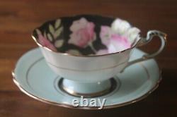 Paragon Large Cabbage Pink Roses on Black Blue Teacup Tea Cup Saucer gold 2