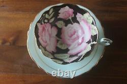 Paragon Large Cabbage Pink Roses on Black Blue Teacup Tea Cup Saucer gold 2