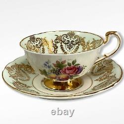 Paragon Pale Green Gold Tea Cup & Saucer Pink Cabbage Rose Grapes Fruit Lace