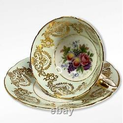 Paragon Pale Green Gold Tea Cup & Saucer Pink Cabbage Rose Grapes Fruit Lace