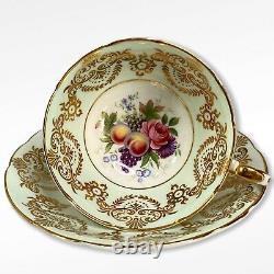 Paragon Pale Green Gold Tea Cup & Saucer Pink Cabbage Rose Grapes Fruit Lace