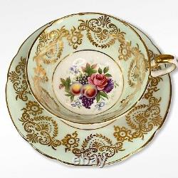 Paragon Pale Green Gold Tea Cup & Saucer Pink Cabbage Rose Grapes Fruit Lace