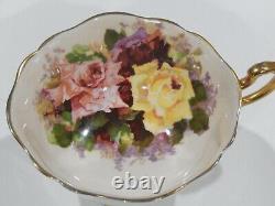 Paragon RED PINK YELLOW ROSE TRIO CUP & SAUCER Set c1938-52 Heavy Gold Gilding