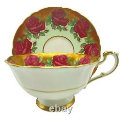 Paragon Red Cabbage Rose Rare Double Warrant Tea Cup Saucer Gold Trim Light Aqua