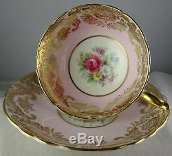 Paragon Red Rose On Pink Cup & Saucer Extensive Gold Filigree 1938-1952 Minty