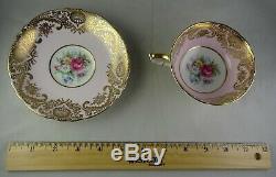 Paragon Red Rose On Pink Cup & Saucer Extensive Gold Filigree 1938-1952 Minty