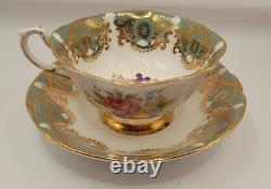 Paragon Tea Cup And Saucer, Quatrefoil Shape, Pale Green Filigree Gold VTG 60's