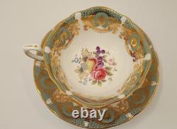 Paragon Tea Cup And Saucer, Quatrefoil Shape, Pale Green Filigree Gold VTG 60's