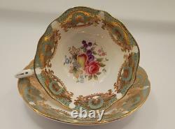 Paragon Tea Cup And Saucer, Quatrefoil Shape, Pale Green Filigree Gold VTG 60's
