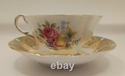 Paragon Tea Cup And Saucer, Quatrefoil Shape, Pale Green Filigree Gold VTG 60's
