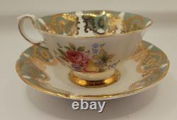 Paragon Tea Cup And Saucer, Quatrefoil Shape, Pale Green Filigree Gold VTG 60's