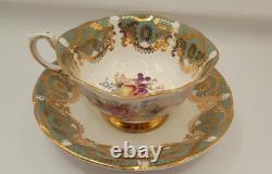 Paragon Tea Cup And Saucer, Quatrefoil Shape, Pale Green Filigree Gold VTG 60's