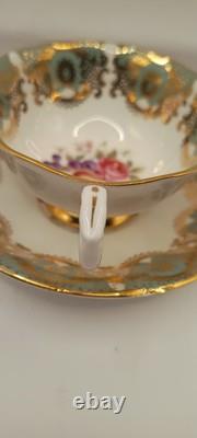 Paragon Tea Cup And Saucer, Quatrefoil Shape, Pale Green Filigree Gold VTG 60's