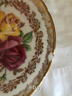 Paragon Tea Cup Saucer 3 Large Cabbage Roses Red Pink Yellow Heavy Gold