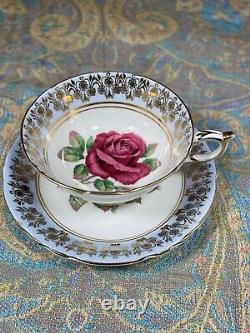 Paragon Tea Cup & Saucer Blue & Gold Large Red Cabbage Rose Johnson Style