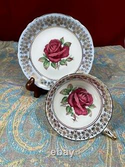 Paragon Tea Cup & Saucer Blue & Gold Large Red Cabbage Rose Johnson Style