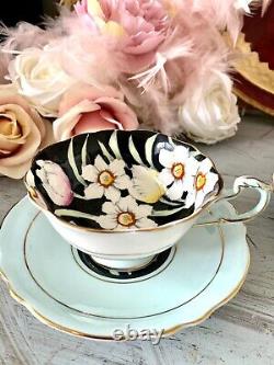 Paragon Teacups Saucers Daffodils Tulips Black Gold & Mint Green Sets X2