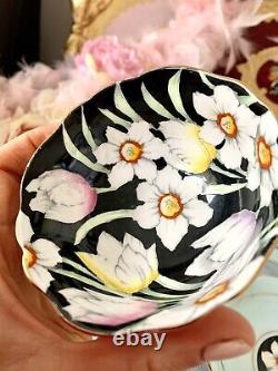 Paragon Teacups Saucers Daffodils Tulips Black Gold & Mint Green Sets X2