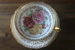 Paragon Three Large Cabbage Roses Red Pink Yellow Gold Teacup Tea Cup Saucer