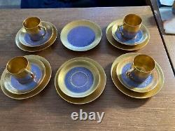 Pickard BLUE & GOLD COMPLETE SET OF 4 BREAKFAST CUP, SAUCER, & DESSERT PLATE'S +