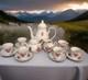 Pink Rose Porcelain Tea Set Gold Trim Teapot Lid Creamer Sugar 6 Cups & Saucers