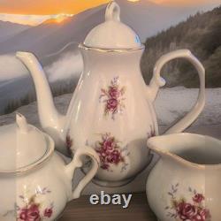 Pink Rose Porcelain Tea Set Gold Trim Teapot Lid Creamer Sugar 6 Cups & Saucers