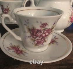 Pink Rose Porcelain Tea Set Gold Trim Teapot Lid Creamer Sugar 6 Cups & Saucers