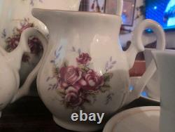 Pink Rose Porcelain Tea Set Gold Trim Teapot Lid Creamer Sugar 6 Cups & Saucers