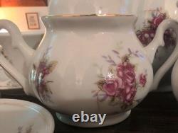 Pink Rose Porcelain Tea Set Gold Trim Teapot Lid Creamer Sugar 6 Cups & Saucers