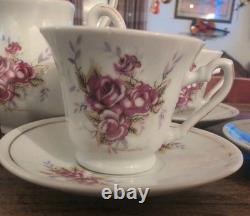 Pink Rose Porcelain Tea Set Gold Trim Teapot Lid Creamer Sugar 6 Cups & Saucers