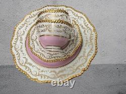 Pink Worcester Flight Barr & Barr Gadrooned Tea, Coffee Cup, Saucer & Plate Quad