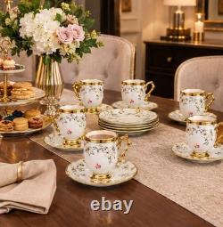 Porcelain Floral Cup Saucer Plate Set White/Gold Painted Round 14cm Plate