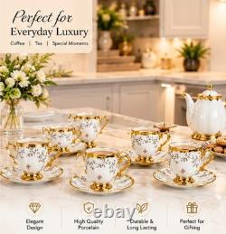 Porcelain Floral Cup Saucer Plate Set White/Gold Painted Round 14cm Plate