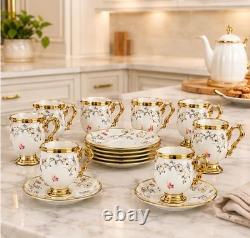 Porcelain Floral Cup Saucer Plate Set White/Gold Painted Round 14cm Plate