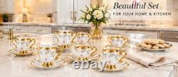 Porcelain Floral Cup Saucer Plate Set White/Gold Painted Round 14cm Plate