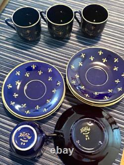 Porsgrund Blue & Gold Fleur de Lis Porcelain Coffee Cup & Saucer Set, 6pc