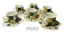 Pristine Vintage Coffee Cup and Saucer Set 1960s-70s Fruit Motif, Set of 6