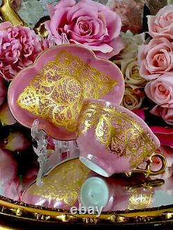 Quadrefoil Encrusted Raised Gold Pink Jeweled Lace Limoges Tea Cup Saucer READ