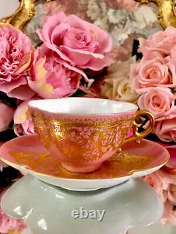 Quadrefoil Encrusted Raised Gold Pink Jeweled Lace Limoges Tea Cup Saucer READ