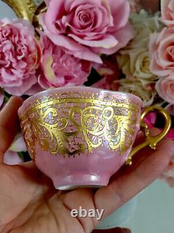 Quadrefoil Encrusted Raised Gold Pink Jeweled Lace Limoges Tea Cup Saucer READ