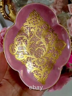 Quadrefoil Encrusted Raised Gold Pink Jeweled Lace Limoges Tea Cup Saucer? READ