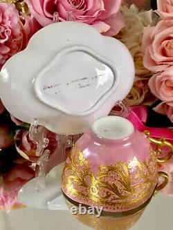 Quadrefoil Encrusted Raised Gold Pink Jeweled Lace Limoges Tea Cup Saucer READ