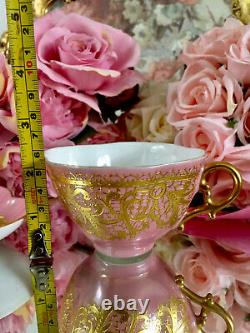 Quadrefoil Encrusted Raised Gold Pink Jeweled Lace Limoges Tea Cup Saucer READ