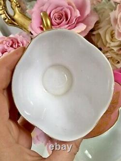 Quadrefoil Encrusted Raised Gold Pink Jeweled Lace Limoges Tea Cup Saucer READ